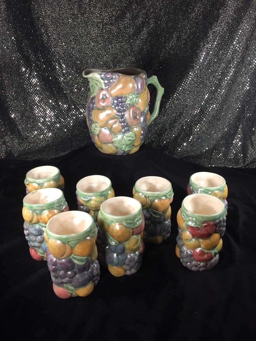 Vintage Glazed Fruit Design Pottery Pitcher And 8